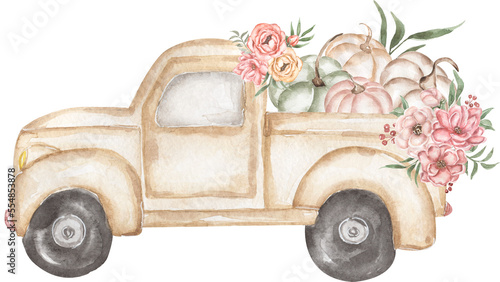 Wallpaper Mural Watercolor old style transport with pumpkins and peony, cotton and greenery elements set clipart, transportation and delicate flowers illustration in vintage style Torontodigital.ca