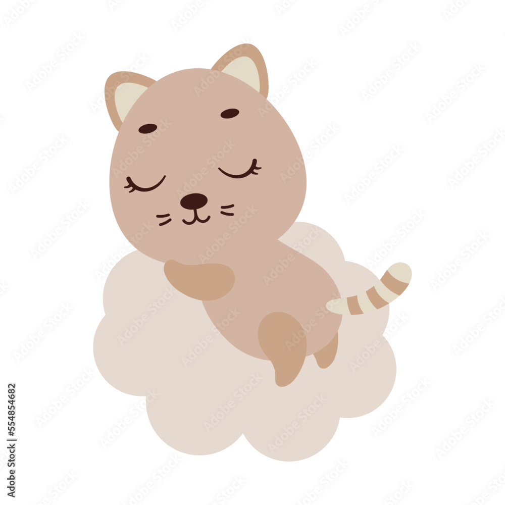 Fototapeta premium Cute little cat sleeping on cloud. Cartoon animal character for kids t-shirt, nursery decoration, baby shower, greeting cards, invitations, house interior. Vector stock illustration