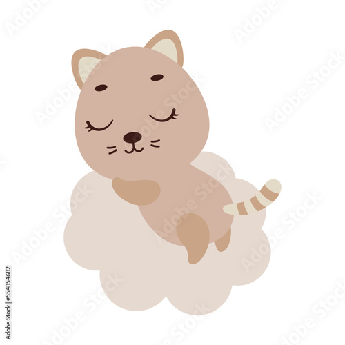 Cute little cat sleeping on cloud. Cartoon animal character for kids t-shirt  nursery decoration  baby shower  greeting cards  invitations  house interior. Vector stock illustration