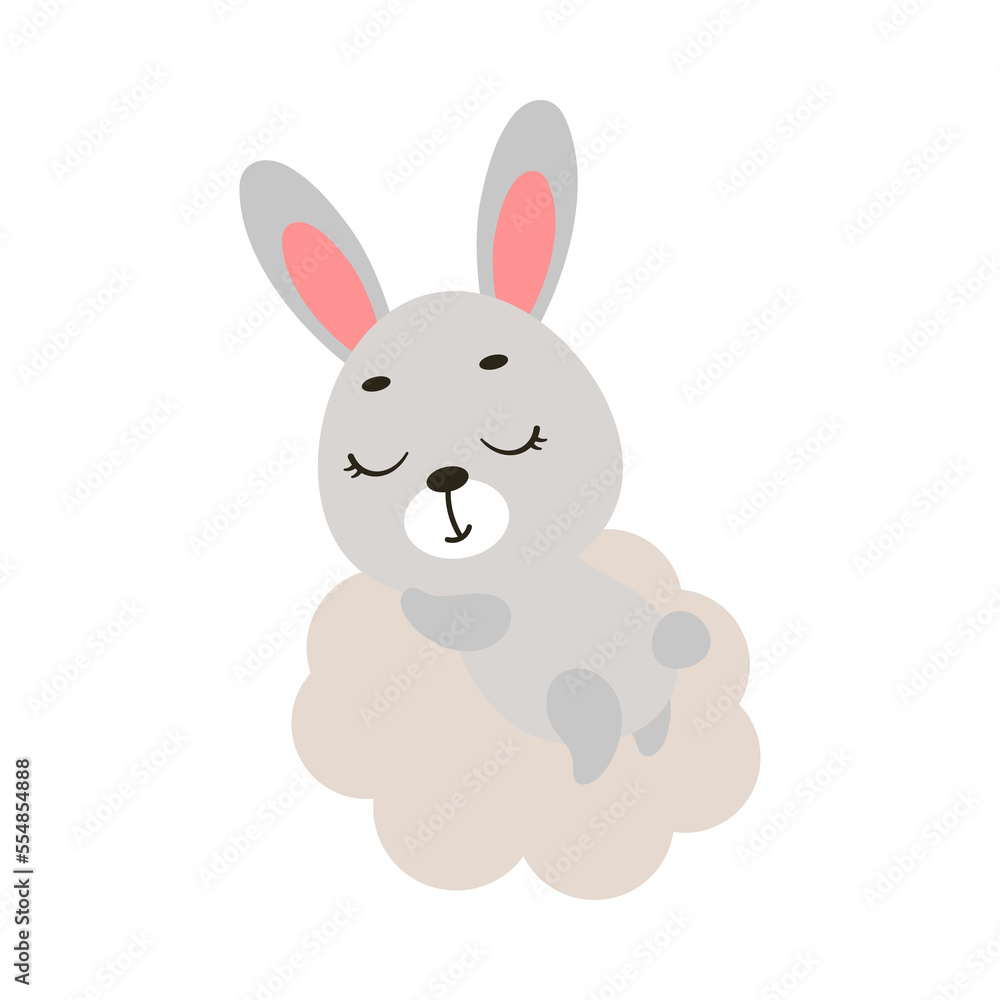 Cute little bunny sleeping on cloud. Cartoon animal character for kids t-shirt, nursery decoration, baby shower, greeting cards, invitations, house interior. Vector stock illustration Cute little bunny sleeping on cloud. Cartoon animal character for kids t-shirt, nursery decoration, baby shower, greeting cards, invitations, house interior. Vector stock illustration