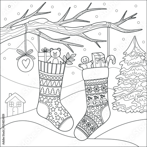 Outline vector illustration with Christmas socks, gifts and decor. winter theme