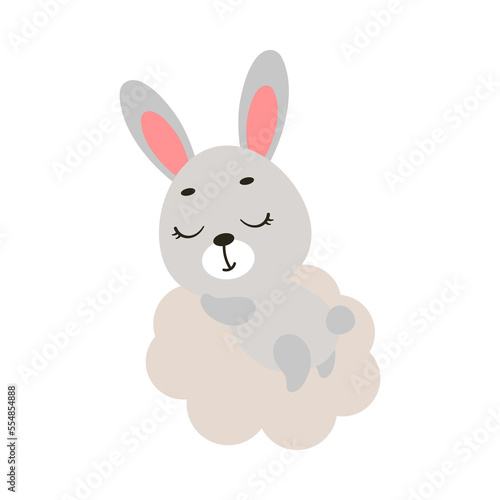Cute little bunny sleeping on cloud. Cartoon animal character for kids t-shirt, nursery decoration, baby shower, greeting cards, invitations, house interior. Vector stock illustration © Jexy