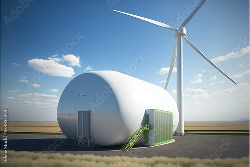 Wind turbine facility for clean electricity solar and hydrogen energy storage gas tank, ai art