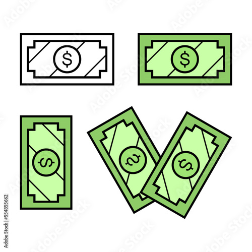 Set green dollar bill banknote money finance investment doodle on white background outline flat vector icon design.