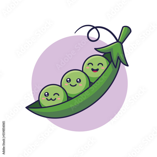 Peas kawaii characters. Cute Kawaii pea pod cartoon icon illustration. Food vegitable flat icon concept isolated on white background. Doodle style print illustration for kids clothing. photo