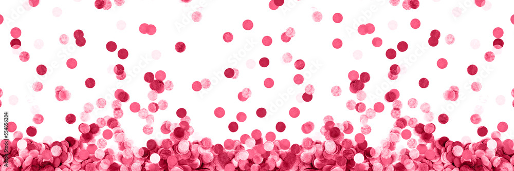 Banner with red confetti background. Flat lay style.