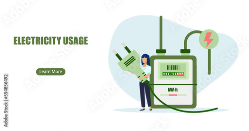 Vector of a woman unplugging household appliances to reduce energy consumption at home.