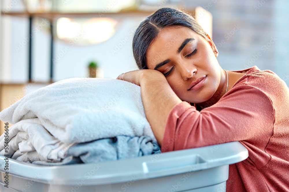Woman, laundry basket and sleep while tired, relax or rest in living room after cleaning, wash and packing. Housewife, cleaner and sleeping with clothes, fabric and fatigue from housework in Mexico Woman, laundry basket and sleep while tired, relax or rest in living room after cleaning, wash and packing. Housewife, cleaner and sleeping with clothes, fabric and fatigue from housework in Mexico