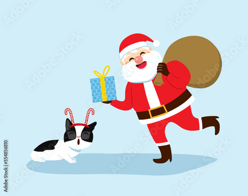 Vector Illustration of happy Santa Claus giving present to cat. Male disguised for Christmas holiday offering wrapped box to pet © Kakigori Studio