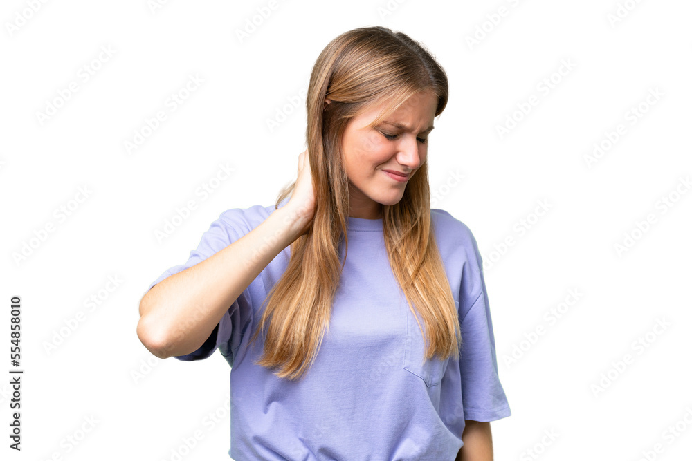 Young beautiful woman over isolated background with neckache Young beautiful woman over isolated background with neckache