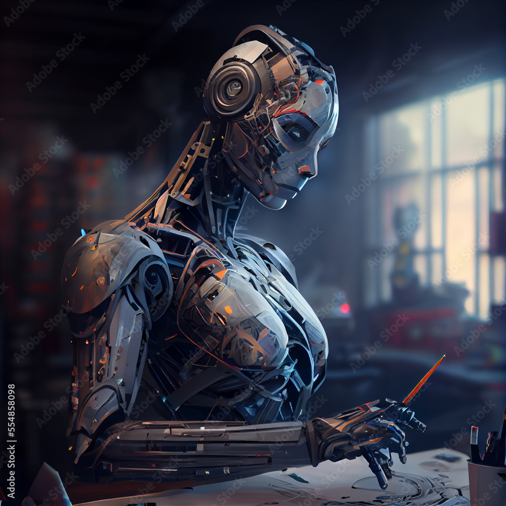 Fototapeta premium Artificial Inteligence, humaniod robot drawing, futuristic concept, created with Generative AI technology.