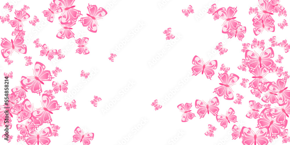 Tropical pink butterflies cartoon vector wallpaper. Spring colorful insects. Fancy butterflies cartoon children illustration. Gentle wings moths patten. Fragile beings.