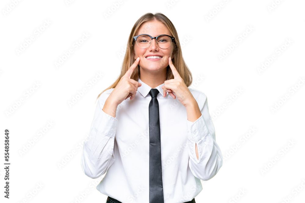 Young business caucasian woman over isolated background smiling with a happy and pleasant expression