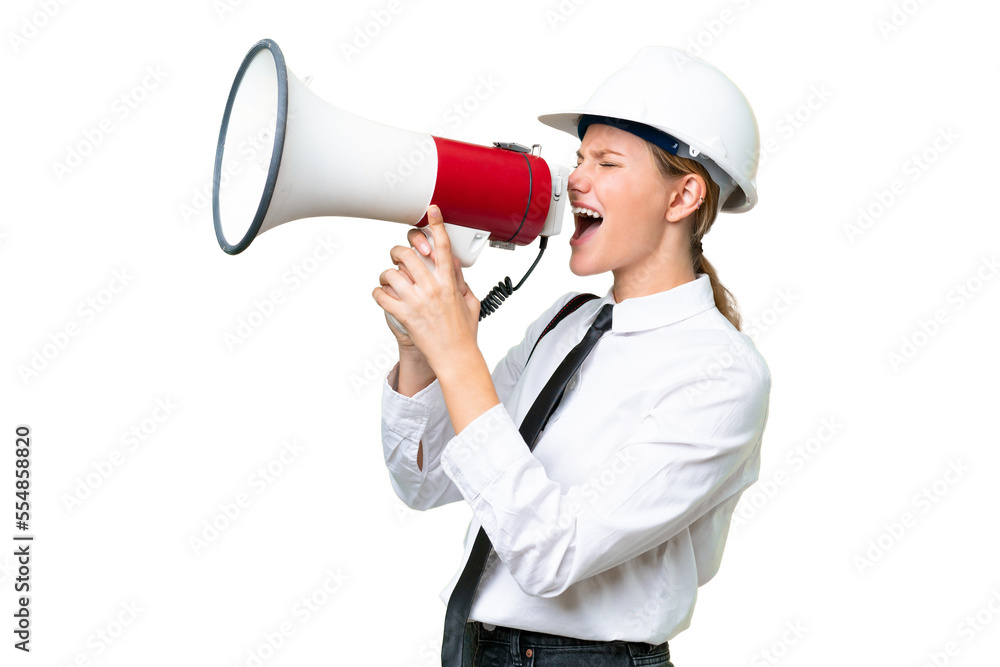 Young architect caucasian woman with helmet and holding blueprints over isolated background shouting through a megaphone Young architect caucasian woman with helmet and holding blueprints over isolated background shouting through a megaphone