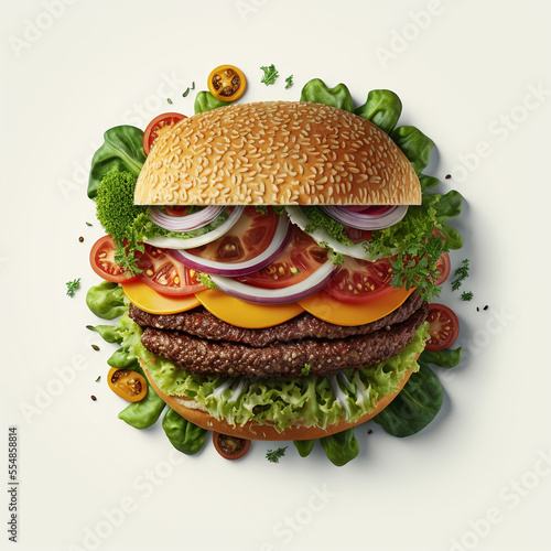 Burger with vegetables and cheese on white background - Generated by Generative AI