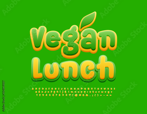 Fototapeta Naklejka Na Ścianę i Meble -  Vector artistic poster Vegan Lunch. Yellow and Green bright Font. Creative handwritten Alphabet Letters and Numbers