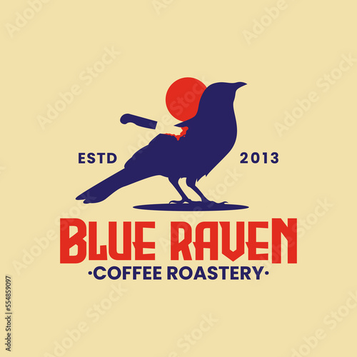mysterious silhouette of raven or crow bird with knife stuck in his body and bleeding with sunset background suitable for coffee shop, coffee roaster cafe bar or all types of business logo design