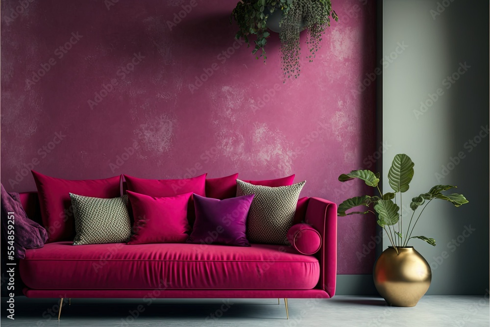 Living room in trend viva magenta color 2023 year. A bright sofa accent.  Plaster microcement wall background. Crimson, burgundy, tones of room  interior design ilustración de Stock | Adobe Stock