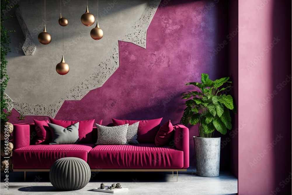Living room in trend viva magenta color 2023 year. A bright sofa accent. Plaster microcement wall background. Crimson, burgundy, tones of room interior design - obrazy, fototapety, plakaty 