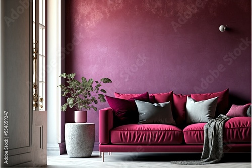Living room in trend viva magenta color 2023 year. A bright sofa accent. Plaster microcement wall background. Crimson, burgundy, tones of room interior design photo