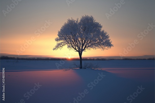a lonely tree without leaves in the snow, beautiful winter sunrise, ai gen © dasom