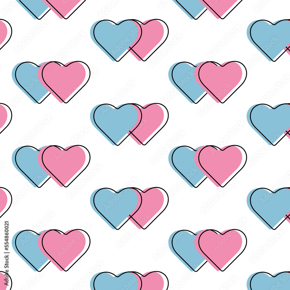 Pink and blue hearts with contours on a white background repeating pattern