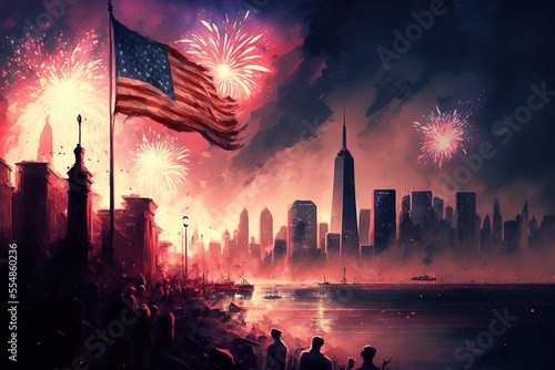 An american flag and fireworks. New york city on the background, generative ai