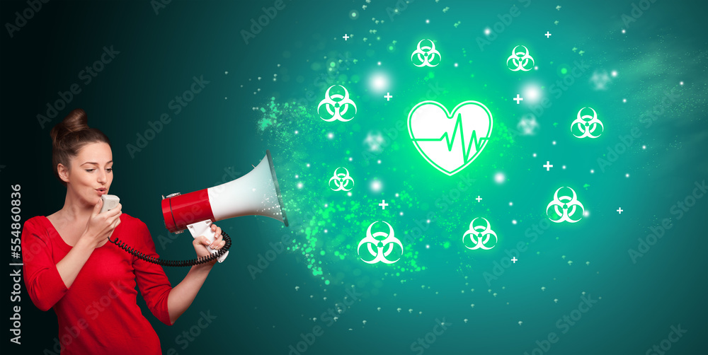 Young person with megaphone and healthcare icon Young person with megaphone and healthcare icon