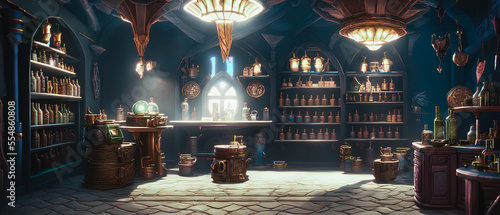 Painting of a vintage alchemy store, fairy tale interior. Generative AI