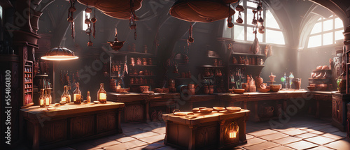 Painting of a vintage alchemy store, fairy tale interior. Generative AI