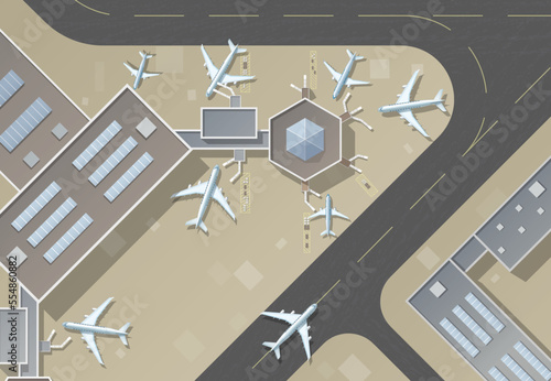 Airport passenger terminal and runway top view with parked airplanes. Top down aerial view of a busy airport terminal. The runway of the aircraft. Buildings hangar for airplanes. Vector illustration