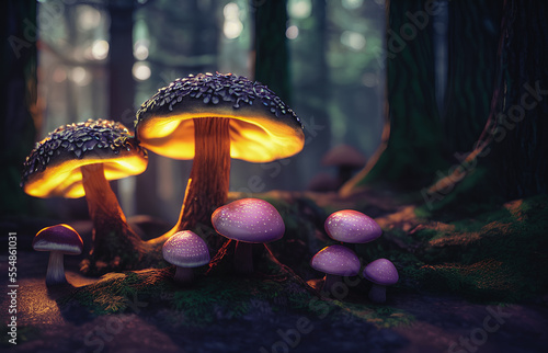 Fabulous mystical mushrooms  Magical mushrooms in the forest. Generative AI