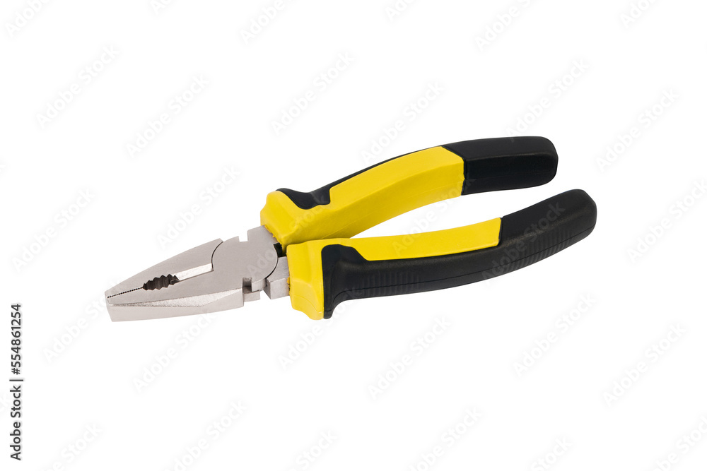 New yellow pliers isolated on a white background. Hand tools. Wire cutters. New yellow pliers isolated on a white background. Hand tools. Wire cutters.