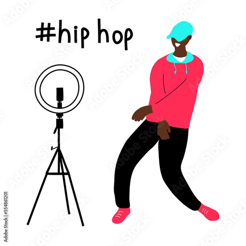 .A flat vector banner template with a hand-drawn style on a white background..The black guy uploads a video of his dance to a popular social network..Hashtag hip hop..