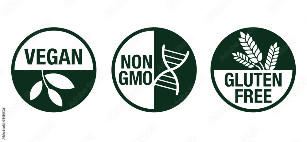 Vegan, Non-GMO, Gluten free icons set - obrazy, fototapety, plakaty 