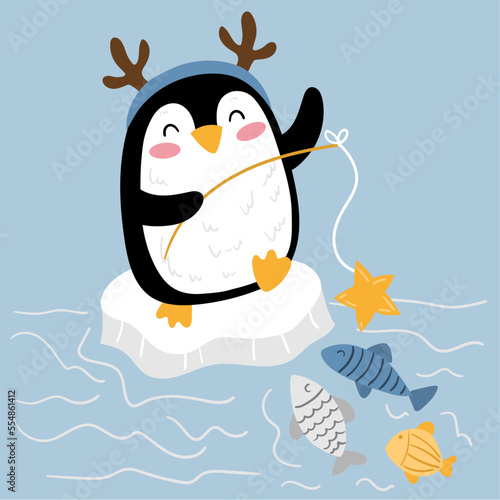 Illustration of a penguin with a reindeer headband fishing on a piece of ice