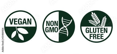 Vegan, Non-GMO, Gluten free icons set