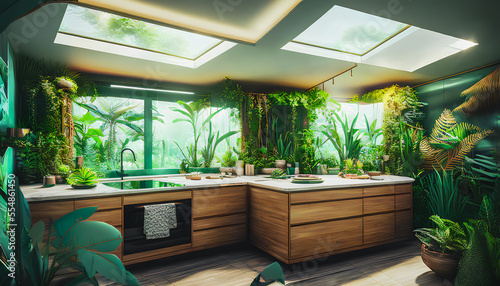 Beautiful kitchen interior with exotic plants  Generative AI