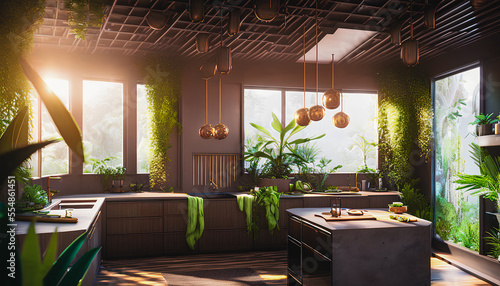 Beautiful kitchen interior with exotic plants, Generative AI © 4K_Heaven
