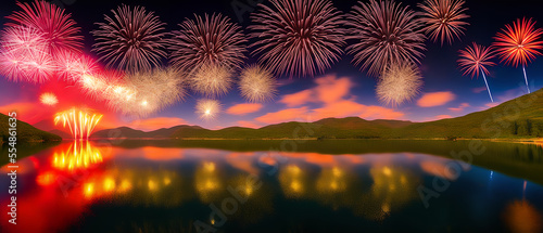 Beautiful fireworks over the lake.