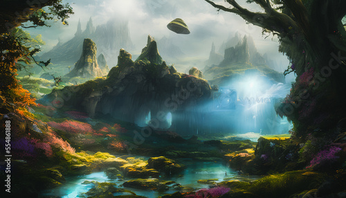 Fantasy landscape, surrealism. Tender and dreamy design, Generative AI