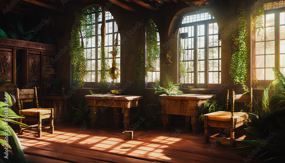 Beautiful medieval interior with furniture and plants, Generative AI