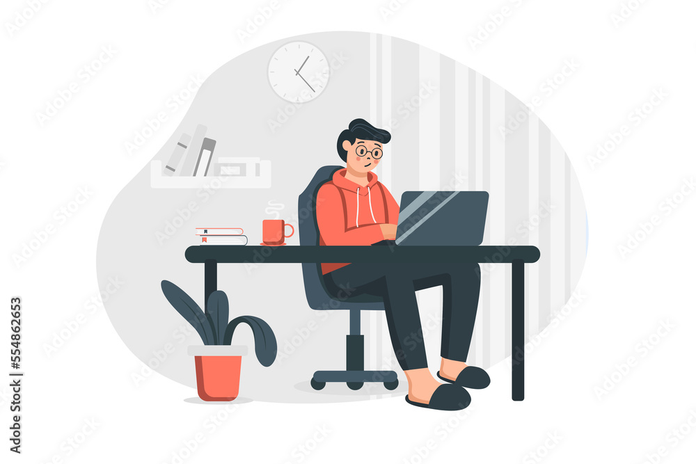 Man working at home concept in flat design. Freelancer doing tasks at laptop while sitting at desks in comfortable home office. Designer works online. Illustration with people scene for web