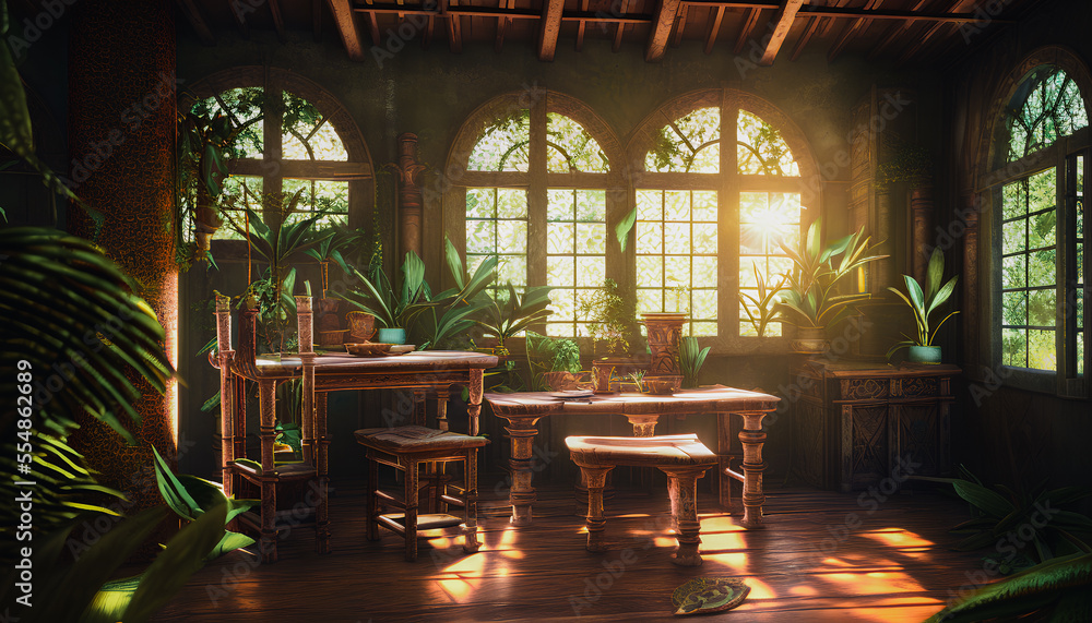 Fototapeta premium Beautiful medieval interior with furniture and plants, Generative AI