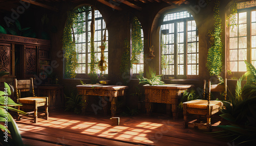 Beautiful medieval interior with furniture and plants  Generative AI