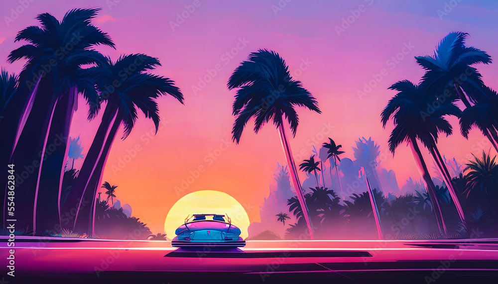 Retrowave car on a palms road near the sea on a sunset, Generative AI