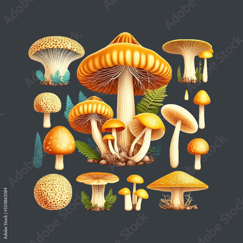 Realistic mushrooms, edible and inedible mushroom plants. Isolated on background. Cartoon flat vector illustration