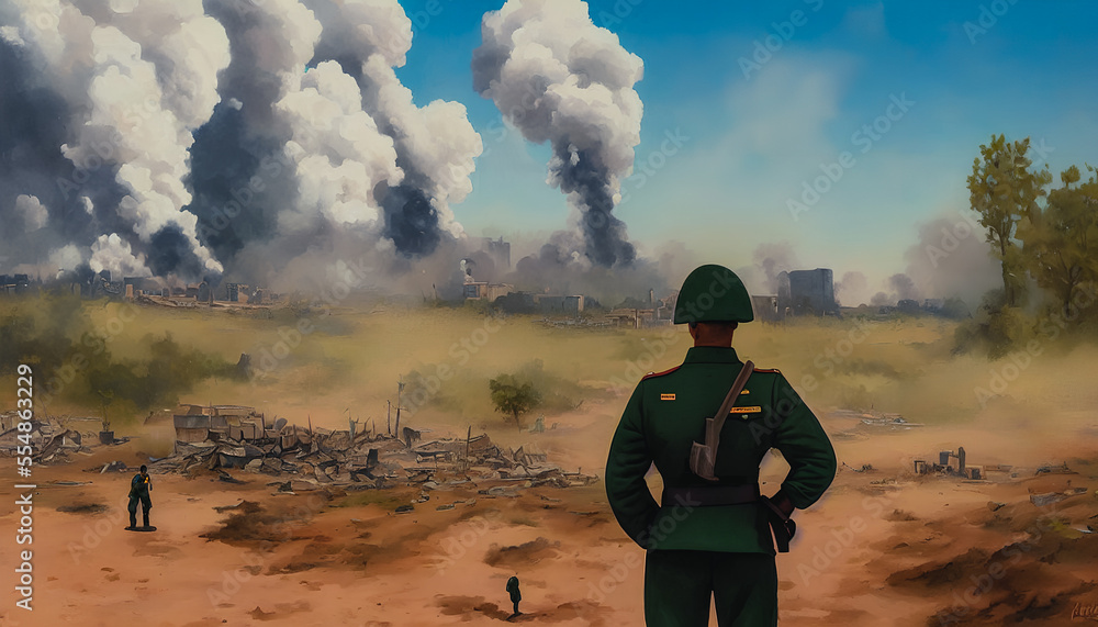 Obraz premium Painting of soldier on battlefield, Generative AI