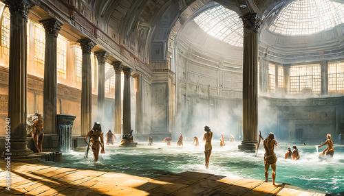 Painting of Ancient roman bathhouse,People wash in the bathhouse. Generative AI photo