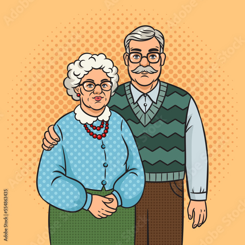 elderly couple family pinup pop art retro vector illustration. Comic book style imitation.